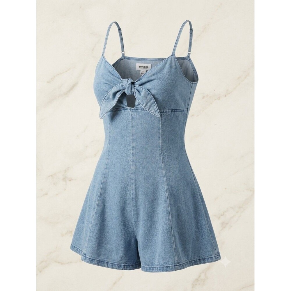 SHEIN Denim Tie Front Cutout Romper Size L Y2K Light Wash Flared Shorts Women